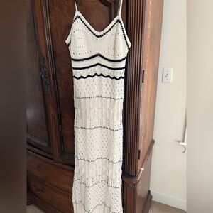 Elegant White and Black Crochet Maxi Dress